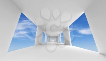 Abstract 3d architecture, empty white corridor and blue sky