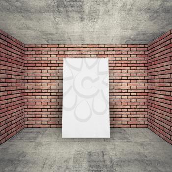 White blank banner in empty room interior with brick walls and concrete floor. Square 3d background