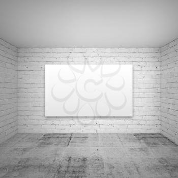Empty white 3d room interior with brick walls, concrete floor and empty poster