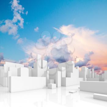 Abstract white schematic 3d cityscape, square composition with natural bright cloudy sky on a background