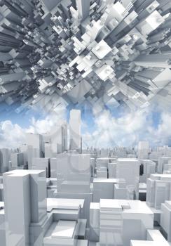 Abstract digital cityscape, skyscrapers and chaotic flying construction, 3d illustration