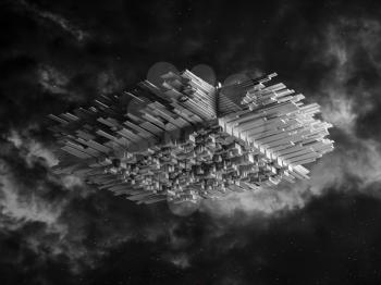 Abstract spaceship with chaotic extruded surface, 3d illustration