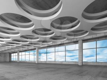 Empty concrete interior background with round holes ceiling pattern and blue sky outside, 3d illustration