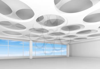 Empty white interior background with round holes pattern on ceiling and blue cloudy sky outside, 3d illustration