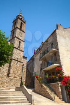Catholic church exterior, bell tower. Main cathedral of Sartene, South Corsica, France