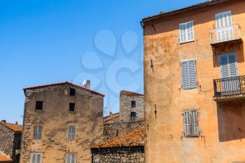 Old living houses facades, Sartene, Corsica island, France