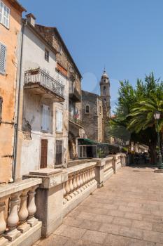 Street view with bell tower. Sartene, Corsica, France