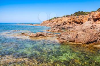 Coastal landscape with empty rocky wild beach, South Corsica, France. Plage De Capo Di Feno