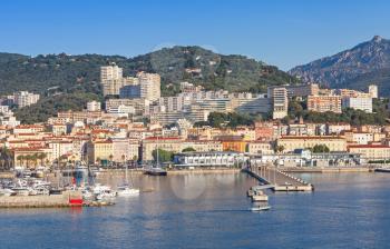 Ajaccio, coastal cityscape, harbor with marina and passenger terminal, Corsica island, France