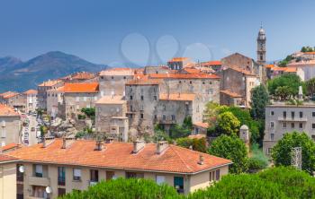 Ancient town cityscape with stone houses and belfry. Sartene, South Corsica, France