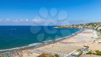 Mediterranean Sea coast landscape. Wide public beach of Gaeta town, Italy