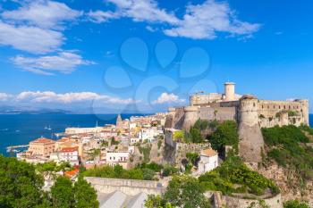 Landscape of old town Gaeta with ancient Aragonese-Angevine Castle, Italy