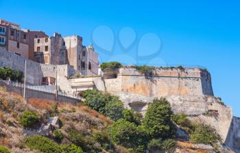 Skyline of Bonifacio, stone houses and fortress. Corsica island, France