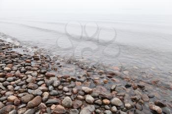 Stones on Saimaa lake coast in foggy morning