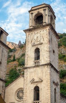 Tower with clock. Cathedral of St Tryphon, Kotor, Montenegro