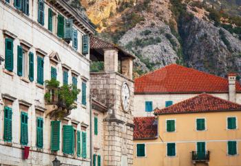 Kotor town street fragment with old clock tower , Montenegro