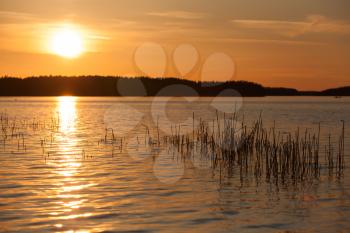 Orange sunset on Saimaa lake in Finland
