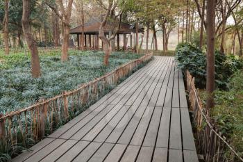 Wooden pathway perspective. Walking around famous West Lake park in Hangzhou city center, China