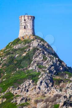 Tour Parata. Ancient Genoese tower on the rock. Sanguinaires peninsula near Ajaccio, Corsica island, France