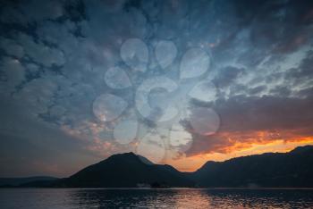 Bright sunset cloudscape in Kotor Bay, Montenegro