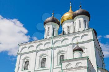 Classical Russian ancient religious architecture. The Trinity Cathedral located since 1589 in Pskov Krom or Kremlin. Orthodox Church
