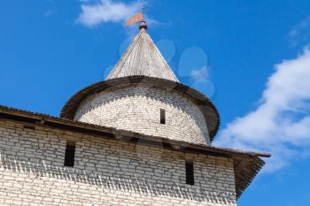 Stone tower of old fortress. Kremlin of Pskov, Russia. Classical Russian ancient architecture