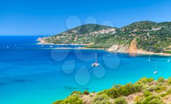 Summer coastal landscape of Corsica island. Small azure bay of Piana region, France