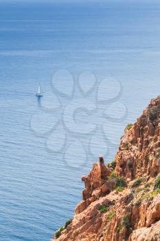 Rocks and sea in summer. Landscape of French mountainous Mediterranean island Corsica. Corse-du-Sud, Piana region