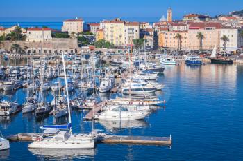 Ajaccio port. Coastal cityscape with moored yachts and pleasure boats , Corsica island, France