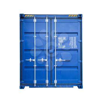 Closed blue standard shipping cargo container, gate side isolated on white background