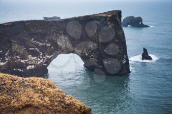 Dyrholaey arch. Scenic landscape of Dyrholaey Nature Reserve, south coast of Iceland, Europe