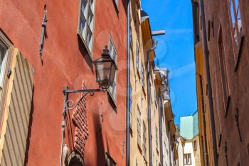 Old house facade with street light. Gamla stan, the old town in central Stockholm, Sweden