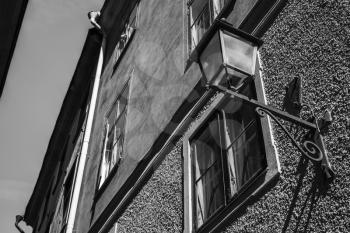 Street light in old town Stockholm. Black and white photo