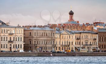 Classical view of city ​​skyline on Neva river with  Church dome of Nicholas Palace in St.Petersburg, Russia