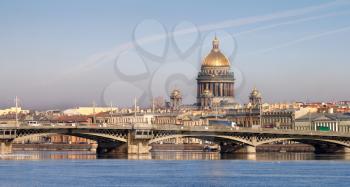 Classical view of Neva river with Isaakievsky Cathedral in Saint-Petersburg, Russia