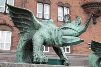 Dragon Fountain details. City Hall Square in Copenhagen, Denmark. It was inaugurated in 1904