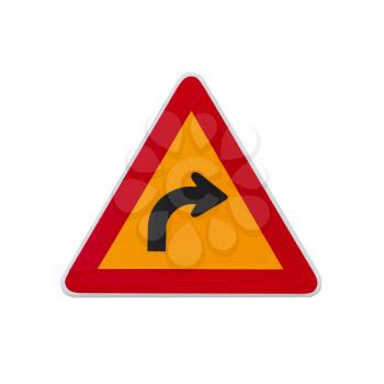 Dangerous turn right, warning traffic sign isolated on white background