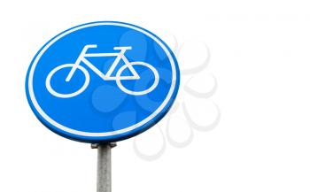 Bicycle lane marking, round blue road sign isolated on white background. Amsterdam, Netherlands