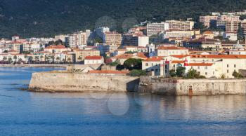 Ajaccio, coastal cityscape with ancient citadel and living houses made of stone, Corsica island, France