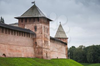 Novgorod Kremlin also known as Detinets. Towers and wall under cloudy sky. It was built between 1484 and 1490. World Heritage Site