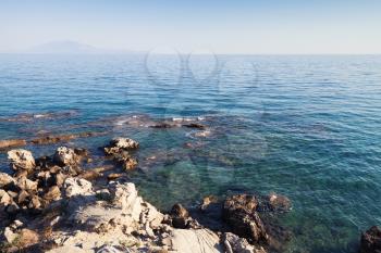 Empty seascape with coastal rocks of Greek island Zakynthos in the Ionian Sea