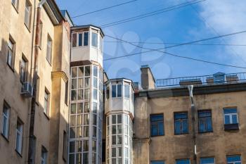 External elevators, typical structures of old St. Petersburg, Russia