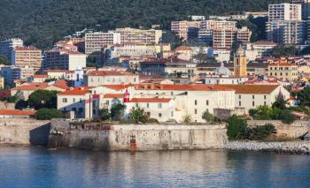 Ajaccio, coastal cityscape with old citadel and living houses, Corsica island, France