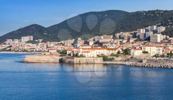 Ajaccio, coastal cityscape with ancient citadel and living houses, Corsica island, France