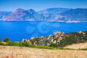 Summer panoramic coastal landscape of Corsica. Piana region, France