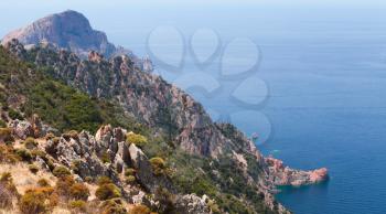 Corsican rocks and sea in summer. Landscape of French mountainous Mediterranean island Corsica. Corse-du-Sud, Piana region