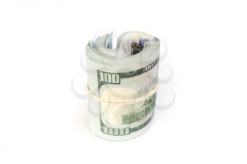 US official currency, roll of One Hundred Dollars stands isolated on white background with soft shadow