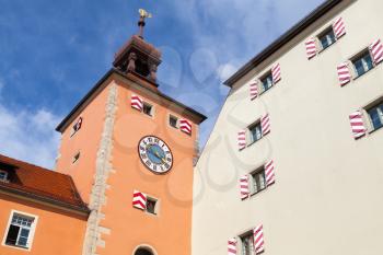 Old Clock Tower, Entrance to Regensburg city from Stone Bridge. Germany