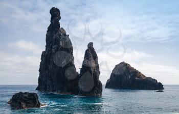 Dark rocky Islets of the Ribeira da Janela, Madeira island, Portugal