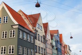 Colorful houses facades and street lights. Copenhagen, Denmark